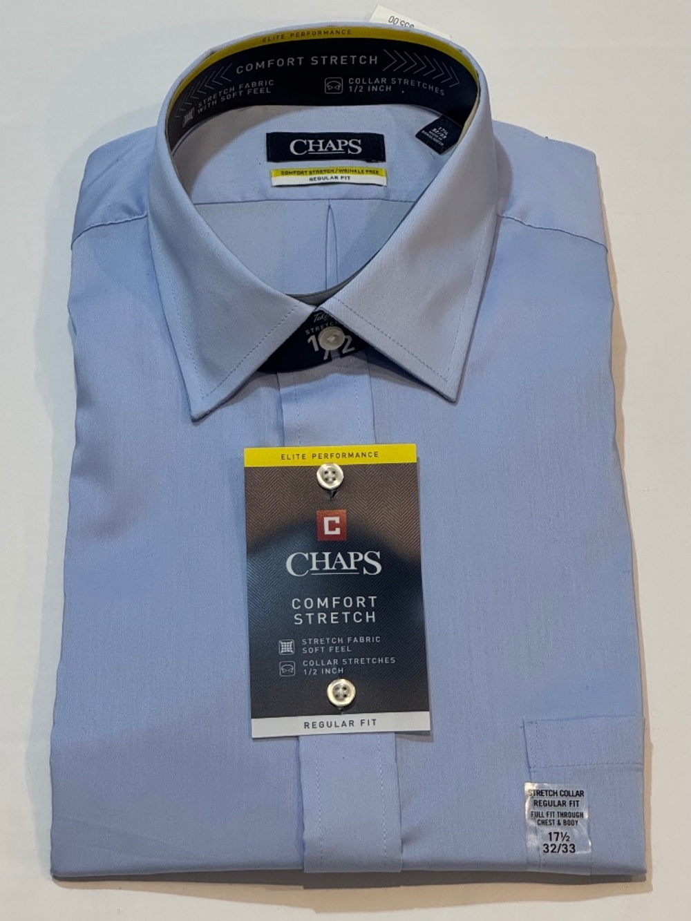 NWT Chaps Men's Light Blue Dress Shirt 17.5 32/33 Regular Fit Comfort Stretch